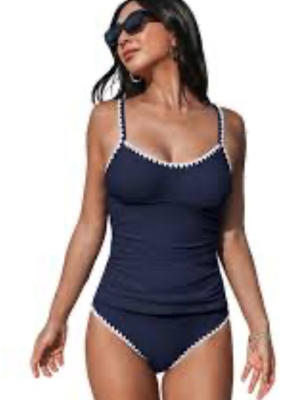 CUPSHE Navy Swim Tankini Top with White  stitch detail